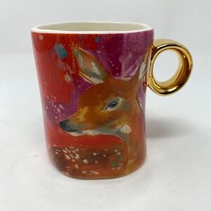 ANTHROPOLOGIE Lauren Carlson Walcott Red Art Deer Coffee Mug Cup Gold Handle